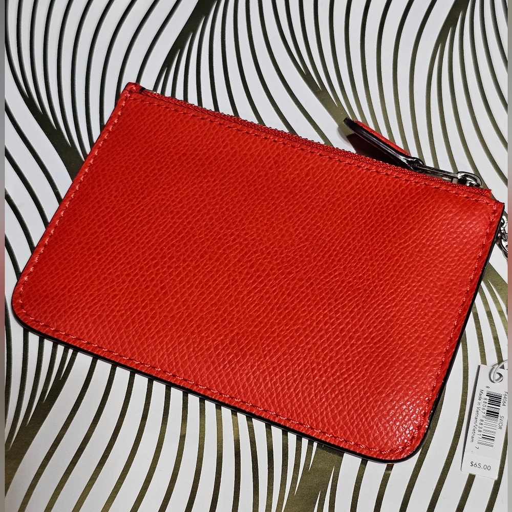 COACH F64064 KEY POUCH WITH GUSSET IN CROSSGRAIN LEATHER Bright Orange New 🧡🧡 - Picture 7 of 7